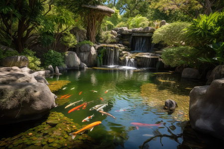 pond with waterfall and koi fish swimming in the water, created with generative aiの素材