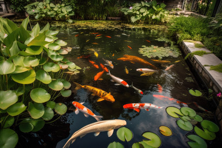 backyard pond with koi fish swimming among water lilies, created with generative aiの素材