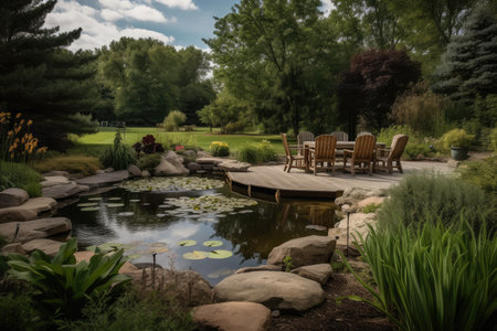 relaxing backyard, with view of the pond and waterfalls in the distance, created with generative aiの素材