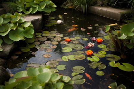 close-up of tranquil backyard pond, with water lilies and goldfish swimming, created with generative aiの素材