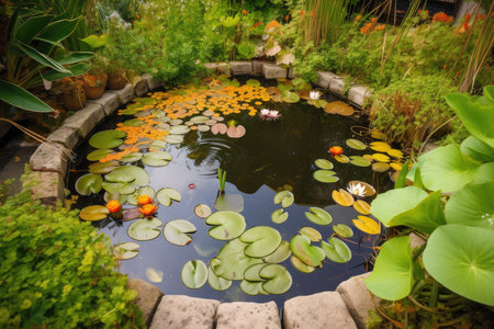 close-up of tranquil backyard pond, with water lilies and goldfish swimming, created with generative aiの素材