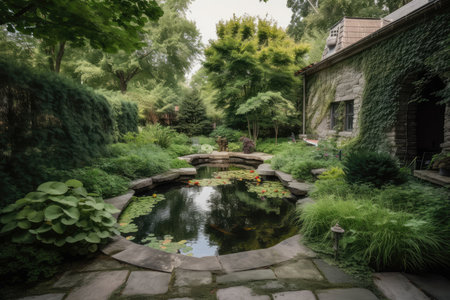backyard pond surrounded by stone walkways and greenery, created with generative aiの素材