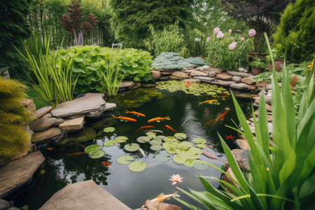 backyard pond with koi swimming among lily pads and water plants, created with generative aiの素材