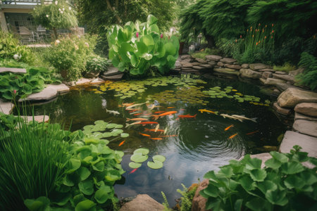 backyard pond with koi swimming among lily pads and water plants, created with generative aiの素材