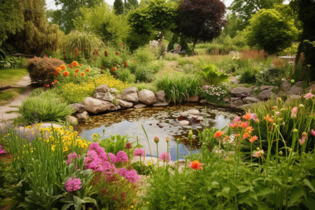 natural garden, with pond and waterfall surrounded by blooming flowers, created with generative aiの素材
