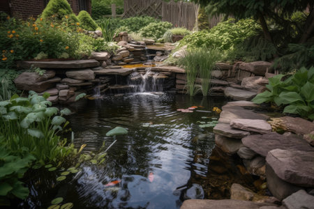 waterfall cascading into backyard pond with koi fish visible, created with generative aiの素材