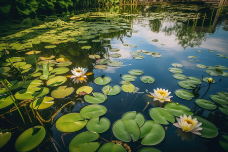 backyard pond with water lilies floating on the surface and dragonflies fluttering above, created with generative aiの素材