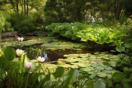 backyard pond with water lilies and dragonflies, surrounded by lush greenery, created with generative aiの素材