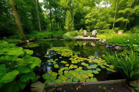 backyard pond surrounded by lush greenery and peaceful atmosphere, created with generative aiの素材