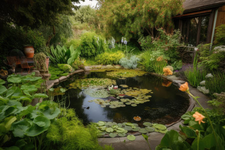 backyard pond surrounded by lush greenery and blooming flowers, created with generative aiの素材