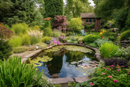 backyard pond surrounded by lush greenery and blooming flowers, created with generative aiの素材