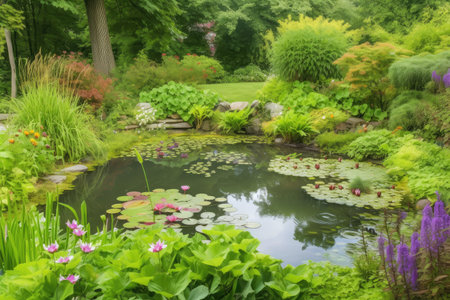 backyard pond surrounded by lush foliage and blooming flowers, created with generative aiの素材