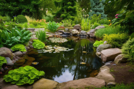 backyard pond surrounded by lush greenery and natural stones, created with generative aiの素材