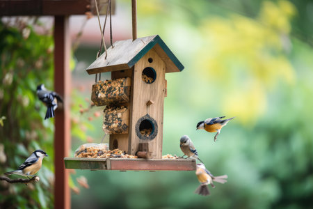 backyard with bird feeders and nature lovers feeding the birds, created with generative aiの素材