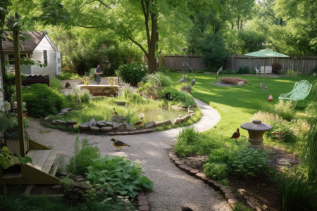 backyard with many different types of wildlife, including birds, insects, and reptiles, created with generative aiの素材