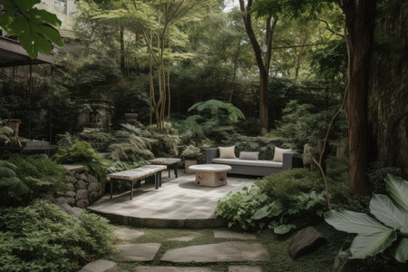 backyard full of natural greenery and peaceful environment, created with generative aiの素材