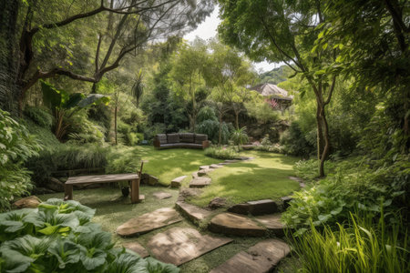 backyard full of natural greenery and peaceful environment, created with generative aiの素材