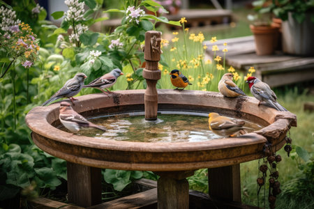 backyard with birdbath, feeders, and natural habitat for feathered friends, created with generative aiの素材