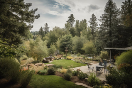 backyard with view of forest, showcasing wildlife among the trees, created with generative aiの素材