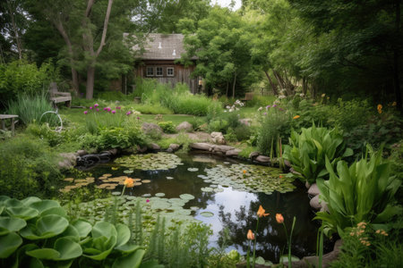 backyard with wildlife pond, surrounded by trees and flowers, created with generative aiの素材