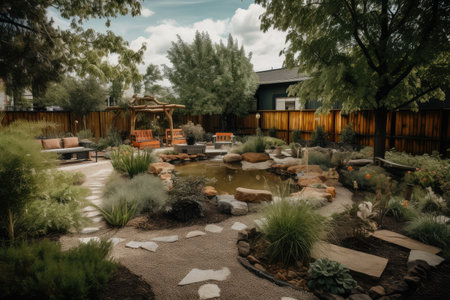 backyard habitat with water feature and naturalistic landscaping, created with generative aiの素材