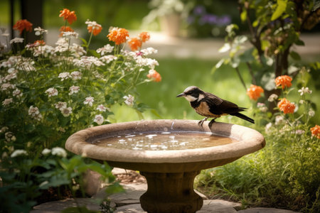backyard with birdbath and feeder, attracting feathered visitors, created with generative aiの素材