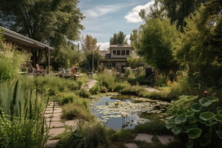 backyard with diverse wildlife, including birds, insects, and amphibians, created with generative aiの素材