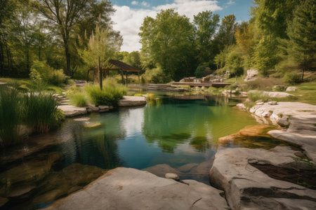 backyard with natural habitat featuring swimming pond and trees, created with generative aiの素材
