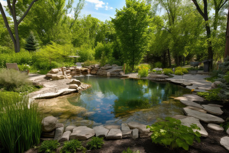 backyard with natural habitat featuring swimming pond and trees, created with generative aiの素材