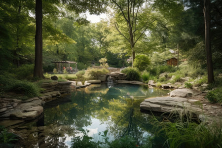 backyard with natural habitat featuring swimming pond and trees, created with generative aiの素材