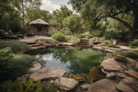 backyard with natural habitat featuring swimming pond and trees, created with generative aiの素材