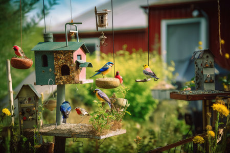 backyard with birdfeeders and a variety of colorful birds, created with generative aiの素材