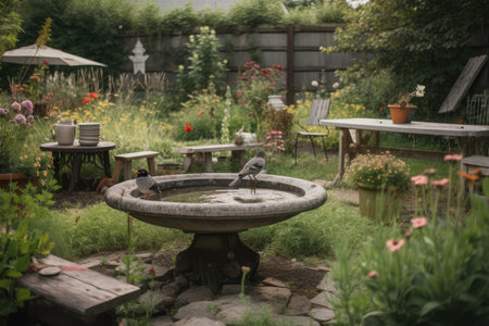 backyard with birdbath, flora and fauna visible, created with generative aiの素材