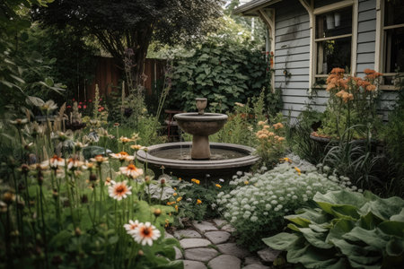 backyard with birdbath, flora and fauna visible, created with generative aiの素材