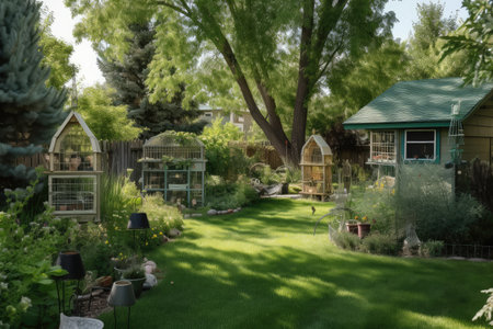 backyard with bird feeders, hummingbird and songbird feeder visible, created with generative aiの素材