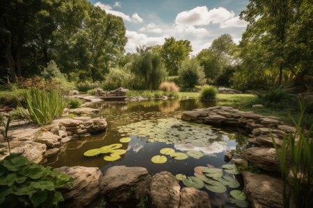backyard with pond and abundant wildlife, including frogs, dragonflies, and birds, created with generative aiの素材