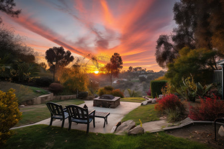 backyard with view of vibrant sunrise, showcasing natural beauty and tranquility, created with generative aiの素材
