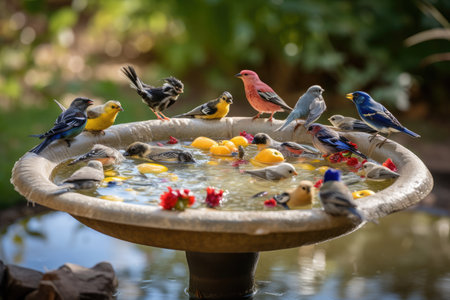 a backyard bird bath and feeder, with a variety of birds flocking in for a meal, created with generative aiの素材