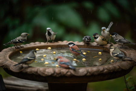a backyard bird bath and feeder, with a variety of birds flocking in for a meal, created with generative aiの素材