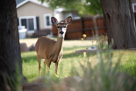 backyard wildlife encounter, with deer grazing in the background, created with generative aiの素材