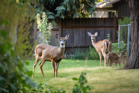 backyard wildlife encounter, with deer grazing in the background, created with generative aiの素材