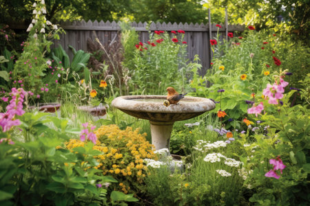 backyard with birdbath and hummingbird feeder, surrounded by blooming flowers, created with generative aiの素材