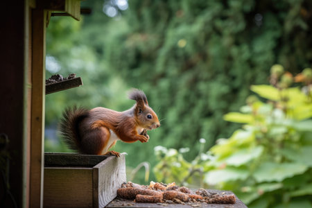 squirrel chattering at feeder, with view of back garden and woodland, created with generative aiの素材