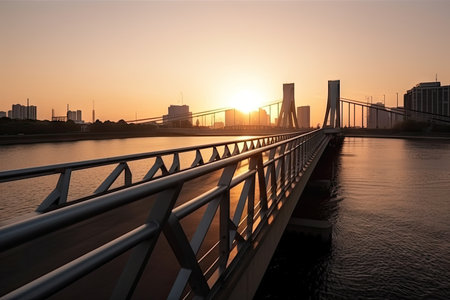 modern bridge, with view of the city skyline and river, against the backdrop of sunset, created with generative aiの素材