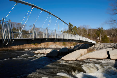 modern bridge, with sleek lines and cables, crossing swift river, created with generative aiの素材