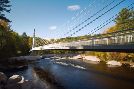 modern bridge, with sleek lines and cables, crossing swift river, created with generative aiの素材