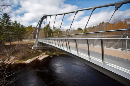modern bridge, with sleek lines and cables, crossing swift river, created with generative aiの素材