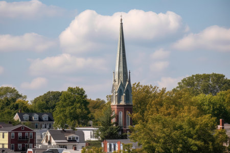 iconic church steeple towering above the surrounding neighborhood, created with generative aiの素材