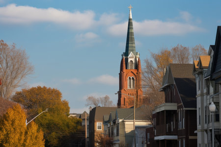 iconic church steeple towering above the surrounding neighborhood, created with generative aiの素材