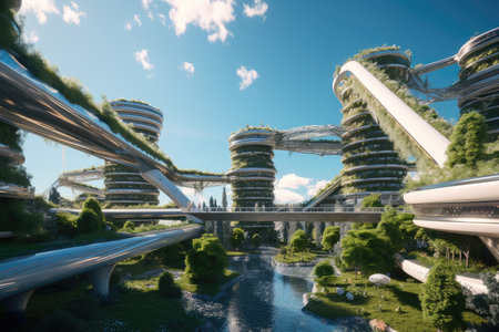 utopian future city, with sleek and modern architecture reflecting cutting-edge technology, created with generative aiの素材